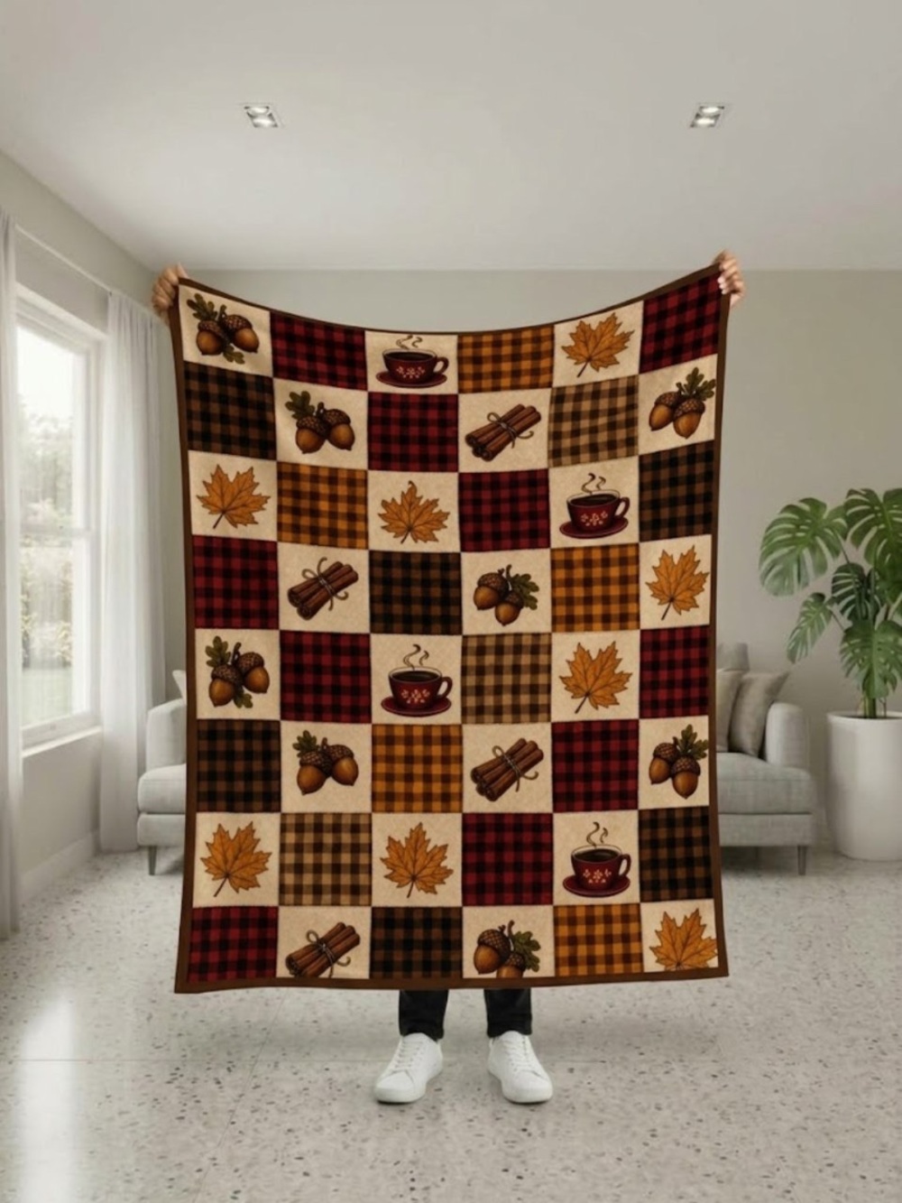 Cozy Fall Patchwork Throw Blanket - Brown/Red/Gold